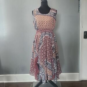 J Glee Boho Sundress Womens M Pink Floral Handkerchief Hem Sleeveless Midi Dress